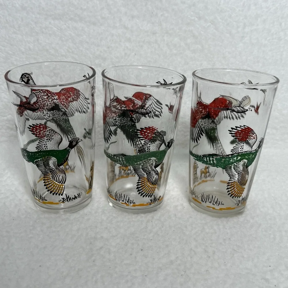 Vtg Hazel Atlas Pheasant Drinking 6 Glasses Tumblers  Shot Tumbler Red Gold 5